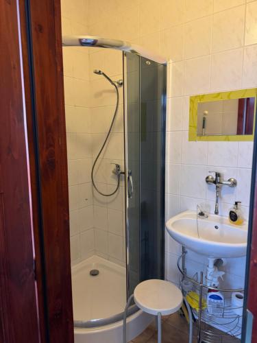 a bathroom with a shower and a sink at 2- izbový APARTMÁN KAJKA v PENZION TRSTENÁ in Trstená