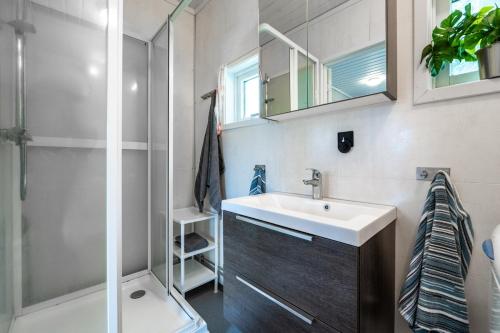 a bathroom with a sink and a shower at The Blue Cabin in Trysil