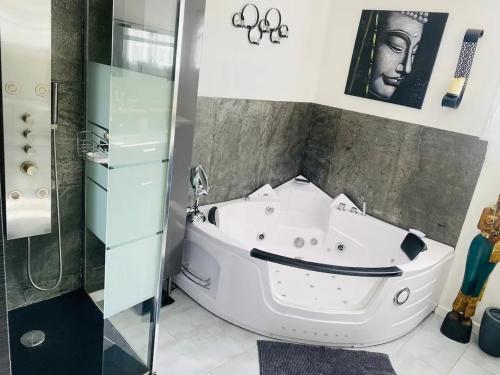 eine Badewanne im Bad mit einem Bild einer Frau in der Unterkunft Villa accueillante avec piscine à Saint-Paul-et-Valmalle in Saint-Paul-et-Valmalle