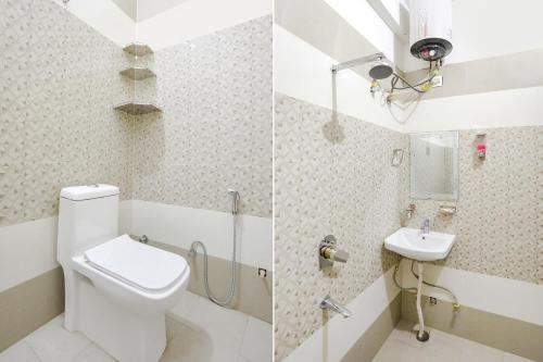 two pictures of a bathroom with a toilet and a sink at FabHotel JMS Residency in Dehradun