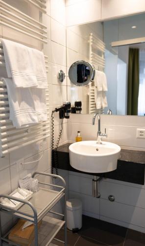 a bathroom with a sink and a mirror and towels at Hotel Restaurant Bellevue au Lac in Thun