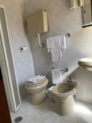a bathroom with a toilet and a sink at Hotel Mediavalle in Gallicano