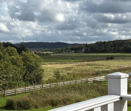 a view of a field with a fence and trees at Annas gård, stall & pensionat in Fjärås
