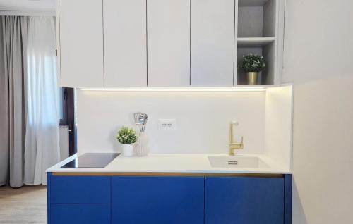 a kitchen with blue and white cabinets and a sink at Studio Apartment Jasna 1 by Villas Guide in Rovinj