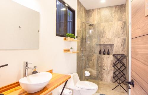 a bathroom with a sink and a toilet and a shower at Somnara Bosque Tropical in Talamanca