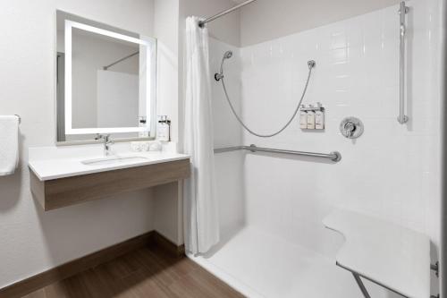 a white bathroom with a shower and a sink at Holiday Inn Express & Suites Wyomissing by IHG in West Reading