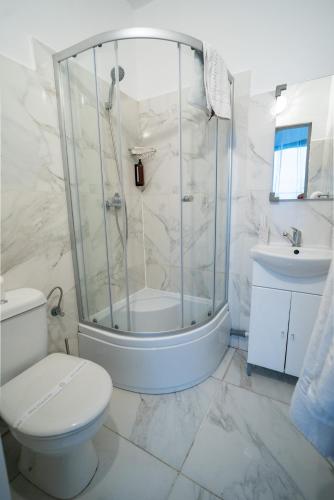 a bathroom with a shower and a toilet and a sink at Barrique 17 - Breakfast at Restaurant & Minibar - Old Town in Braşov