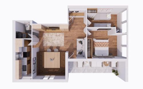 a rendering of a floor plan of a house at Appartement Wolke7 byTILLY - Im Skigebiet Gerlitzen auf 1500m Seehöhe - familienfreundliche 3 Zimmer Wohnung - Hallenbad im Haus - moderne Küche mit Vollausstattung - Balkon - traumhafte Aussicht über ganz Kärnten - himmlisch bequeme Boxspringbetten in Treffen