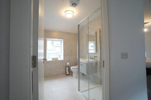 a bathroom with a glass shower and a toilet at The Lodge in Dunmore