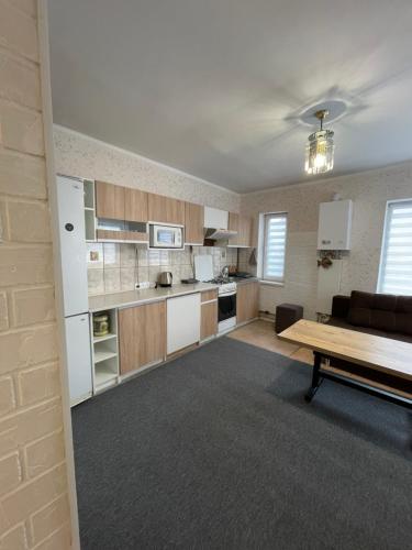 ヴィーンヌィツャにあるCenter apartmentのキッチンとテーブルとソファのあるリビングルーム