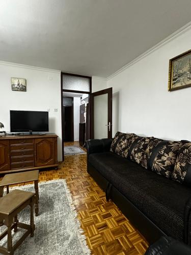 a living room with a black couch and a tv at TAMARIS Apartment in Subotica