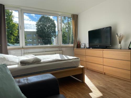 Televisyen dan/atau pusat hiburan di Schnuckliges Appartment nähe Messe