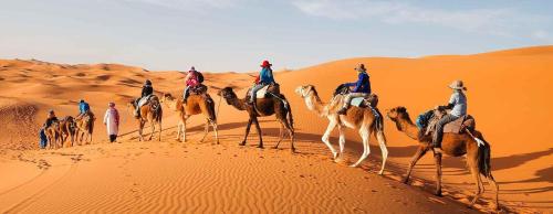 a group of people riding camels in the desert at ibis merzouga camp in Merdani