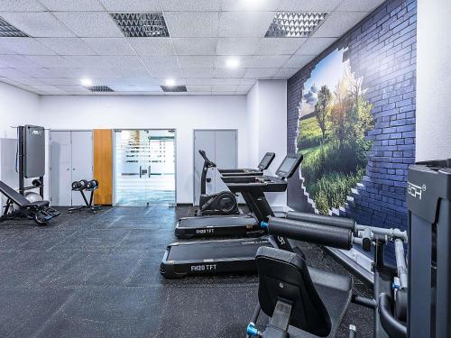 a gym with cardio equipment and a wall mural at Hotel ibis Evora in Évora