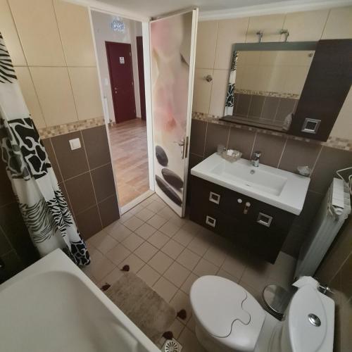 a bathroom with a toilet and a sink and a shower at The Hammam Guest House in Nydri