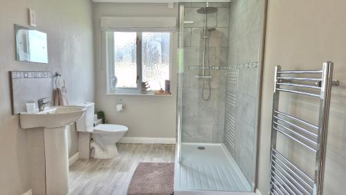 a bathroom with a shower and a toilet and a sink at Seabreeze Cottage 2 bedroom - Sleeps 6 - Bron-Y-Wendon Holiday Park in Llanddulas
