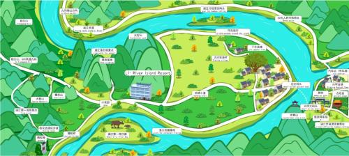 a map of a park with buildings and trees at Li-river Island Resort Xingping Yangshuo in Yangshuo