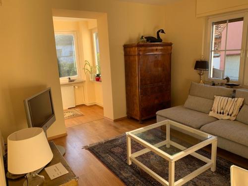 a living room with a couch and a tv at Freistehendes Haus mit grossem Garten zur alleinigen Nutzung in Großkrotzenburg