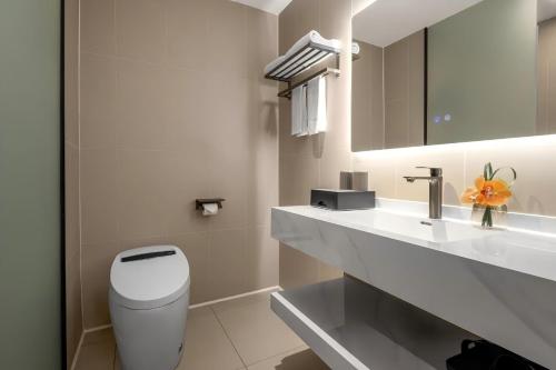 陽朔にあるYixuan Hotel Yangshuo West Street Lijiang Branchの白いトイレと洗面台のあるバスルーム
