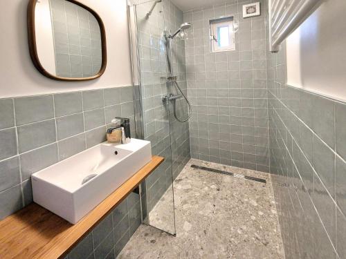 a bathroom with a sink and a shower at de Brabander in Cadzand