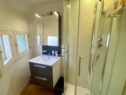 ein Badezimmer mit Waschbecken und Dusche in der Unterkunft Lemov'Inn, central historic apartment in Limoges