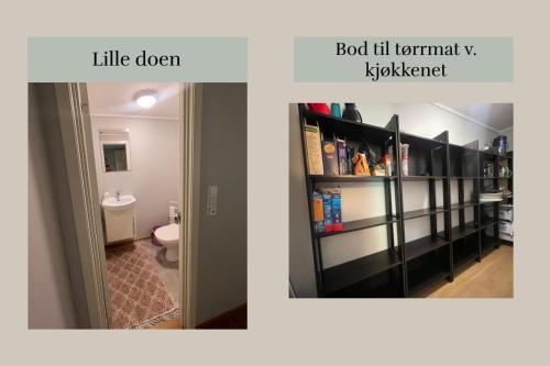 a bathroom with a toilet and a room with a hallway at Spacious apartment with 4 bedrooms in Grimstad