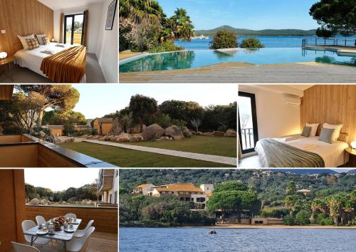 a collage of photos of a hotel with a view of a lake at Le Shetland - T4 spacieux bord de mer et piscine in Pianottoli-Caldarello