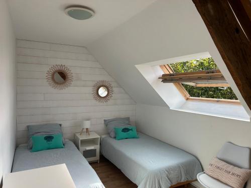 a attic bedroom with two beds and a window at Tikazla - Séjour détente in La Turballe