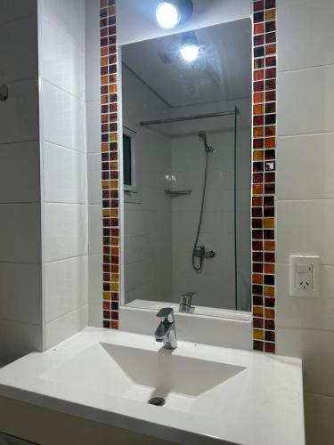 a bathroom with a sink with a mirror and a shower at Departamento Soles in Posadas