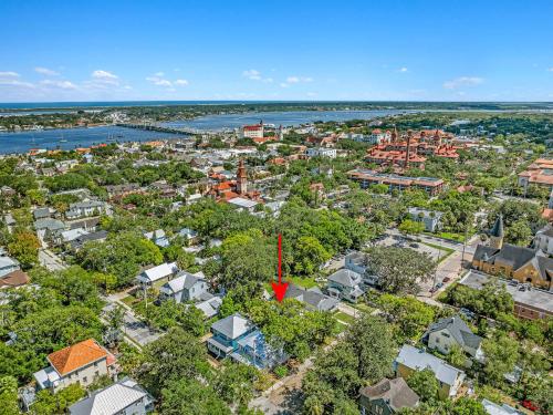 an aerial view of a city with a river and houses at Old City Hideout l Historic l Walk to St George in St. Augustine