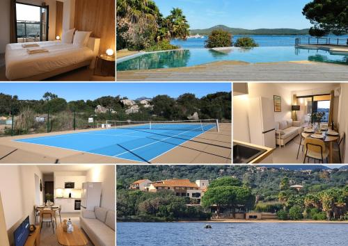 un collage de photos d'une chambre d'hôtel avec piscine dans l'établissement Corsica Bellezza - T2 avec piscine & plage privée, à Pianottoli-Caldarello