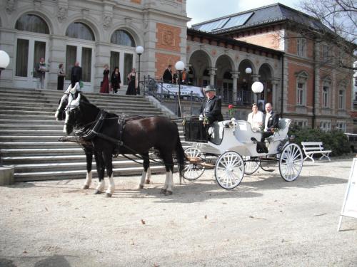 a horse drawn carriage in front of a building at Hotel Goldner Anker in Bad Elster