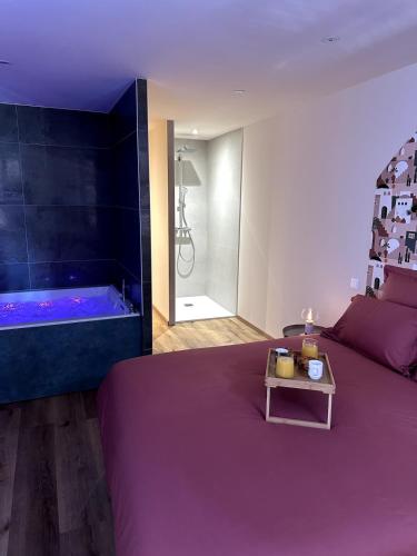a bedroom with a large bed and a tub at The Ponote Escape in Le Puy en Velay
