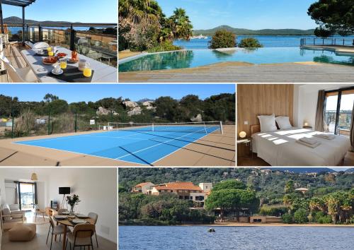un collage de fotos de casas y una piscina en La Pépite Corse - Magnifique T2 cabine vue mer, en Pianottoli-Caldarello