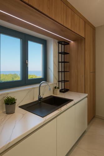 a kitchen with a sink and two windows at Villa VELUNA Liznjan Residence in Ližnjan