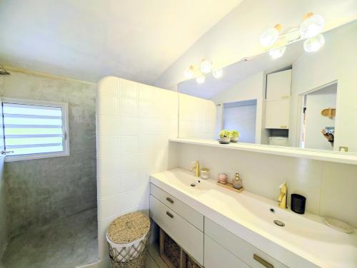 Saint-PaulにあるHorizon plage - 3 chambres et spaの洗面台、鏡、シャワー付きのバスルーム