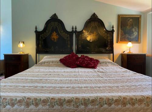 a bedroom with a large bed with two red pillows on it at Casa di Viola in Celleno