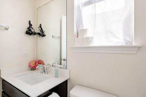 a bathroom with a sink and a toilet and a mirror at Luxury Home Near Mckinney Falls & Airport in Austin
