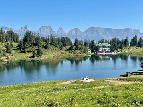 a lake with a house in the middle of a field at Haus Heimetli - CharmingStay in Flumserberg