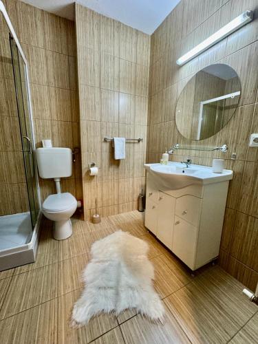 a bathroom with a sink and a toilet and a mirror at Kim Urban Suites in Cluj-Napoca
