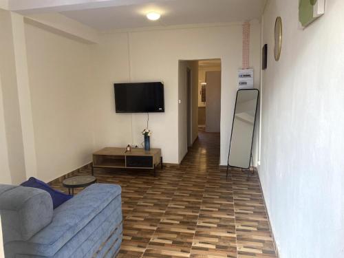 a living room with a couch and a flat screen tv at Charmant T2 a Mtsapere Mamoudzou in Mamoudzou