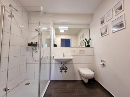ein Badezimmer mit Dusche, Toilette und Waschbecken in der Unterkunft Ferienwohnung "Seeräuber" in Schönberg-Kalifornien in Kalifornien