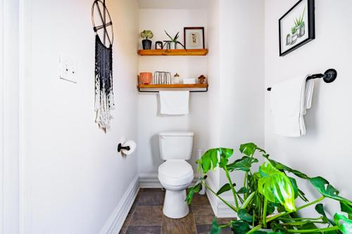 a bathroom with a toilet and a plant at Short North Convention King Bed Free Parking! in Columbus