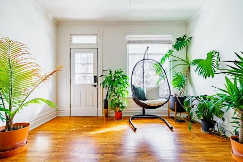a room with plants and a chair in it at Short North Convention King Bed Free Parking! in Columbus