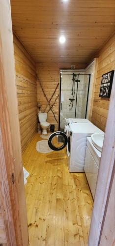 Un baño pequeño con inodoro y lavabo. en Anahata Space - номери в Ретритному центрі, біля Верховини, en Bystshets