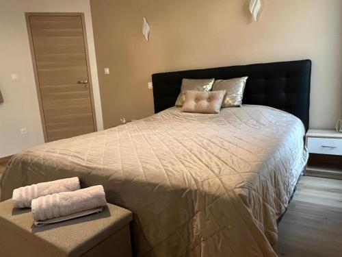 a bedroom with a large bed with two towels on it at Idéal Curistes, Souvenirs de Provence, charmant T2 neuf climatisé in Digne-les-Bains