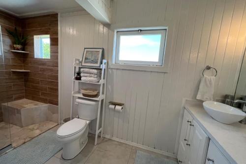 a bathroom with a toilet and a sink and a window at Oceanfront Villa with Pool, Jacuzzi and Kayaks on Anguilla Island in Island Harbour