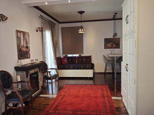 a living room with a couch and a red rug at Αγνάντι in Metsovo
