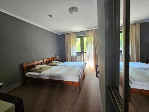 a bedroom with two beds and a window at Dom Gościnny Trojak in Lądek-Zdrój