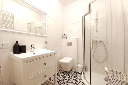 un bagno bianco con lavandino e doccia di Krakowska Street Old Town Apt 16 a Skorka
